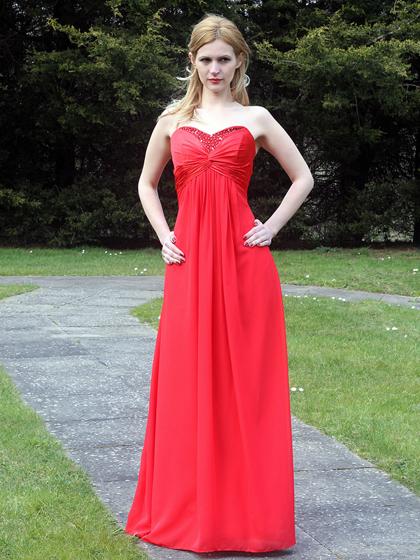 Red chiffon bridesmaid dress with beading