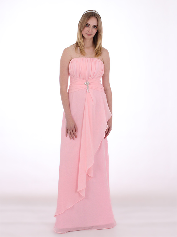 Baby pink strapless chiffon bridesmaids dress with brooch
