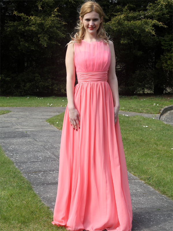 (image for) Coral Chiffon Bridesmaid Dress illusions neckline style:6718 - Click Image to Close