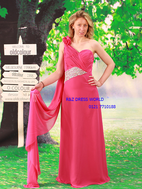 (image for) Hot pink chiffon bridesmaid dress evening prom dress one shoulde