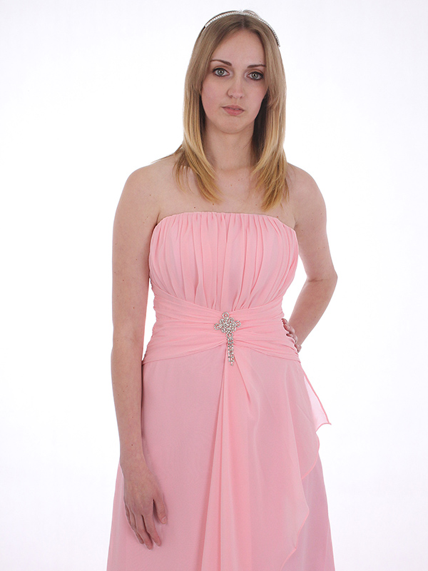 (image for) Baby pink strapless chiffon bridesmaids dress with brooch