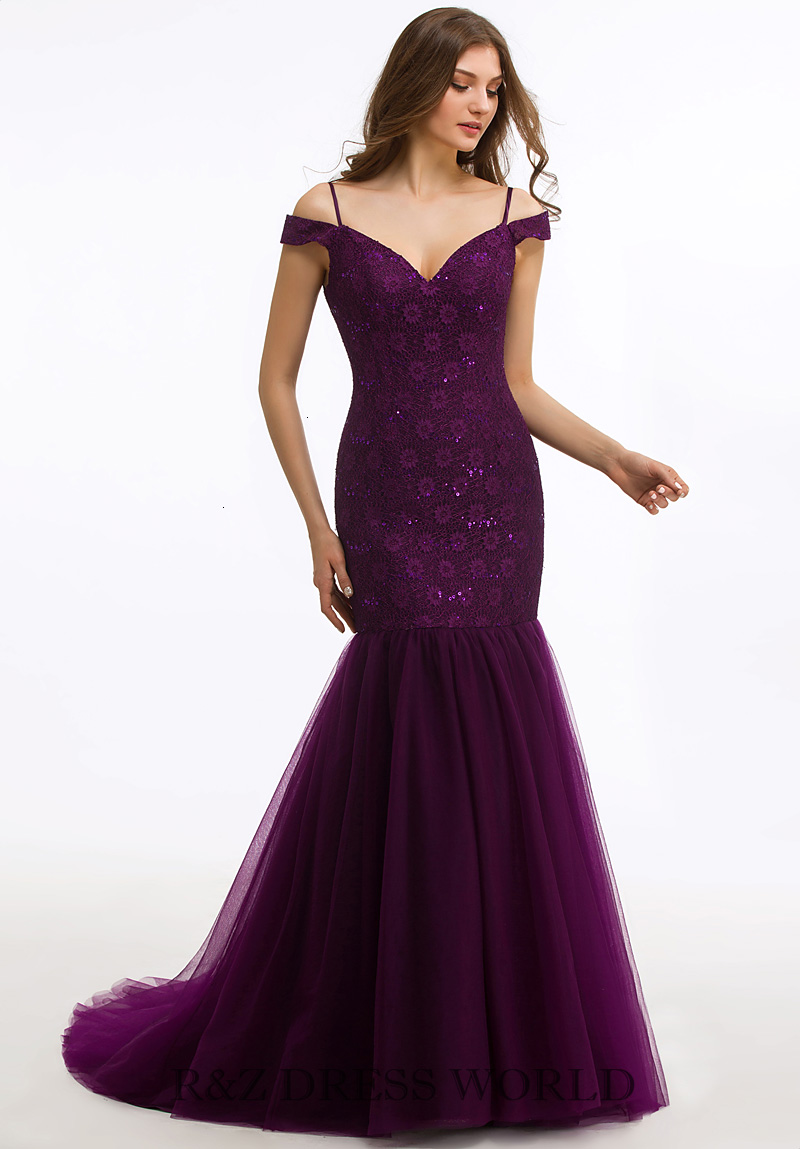 Off shoulder purple mermaid lace dress
