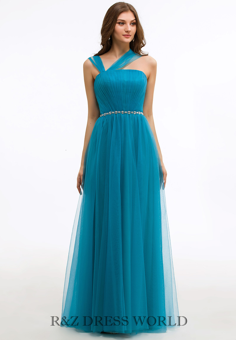 Teal blue prom dress with beading waistband