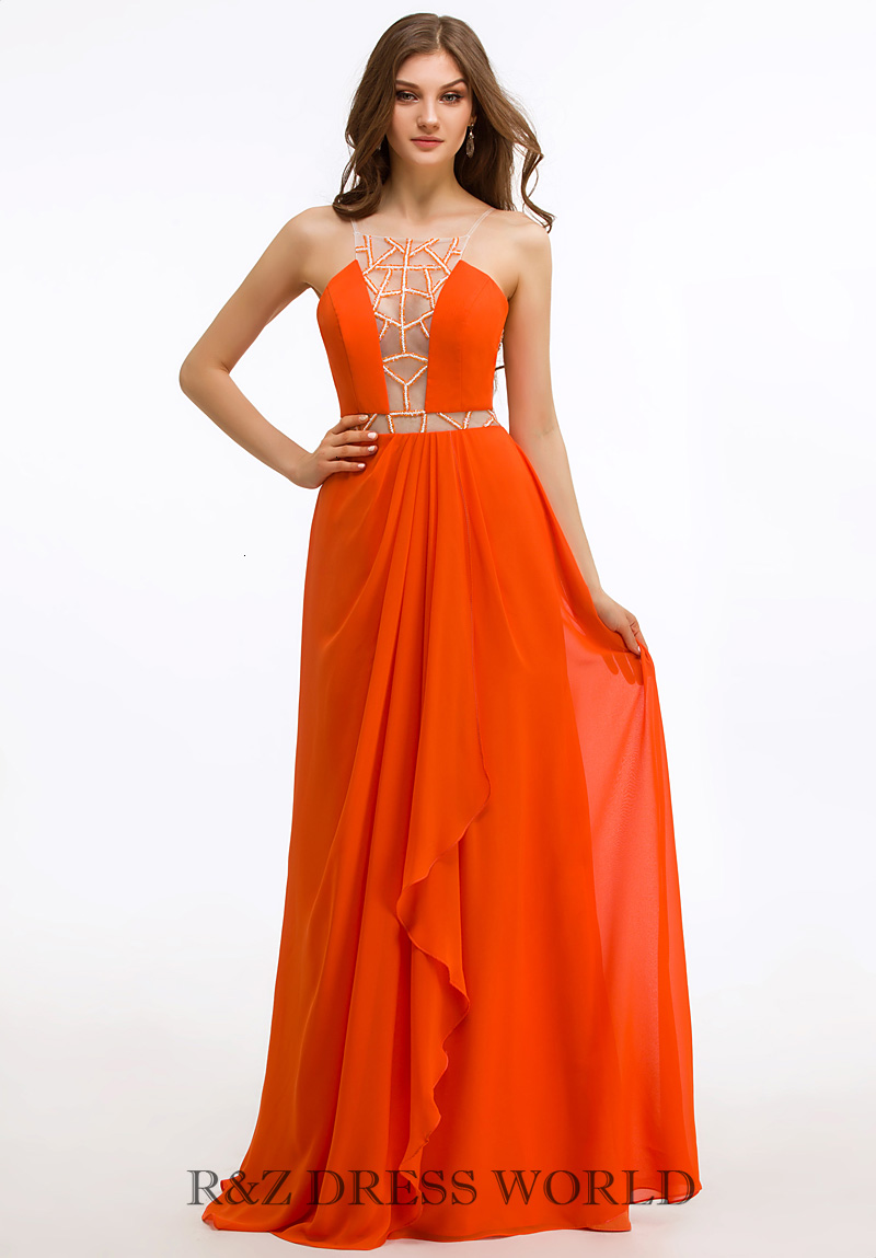 Orange chiffon dress with open V neck front