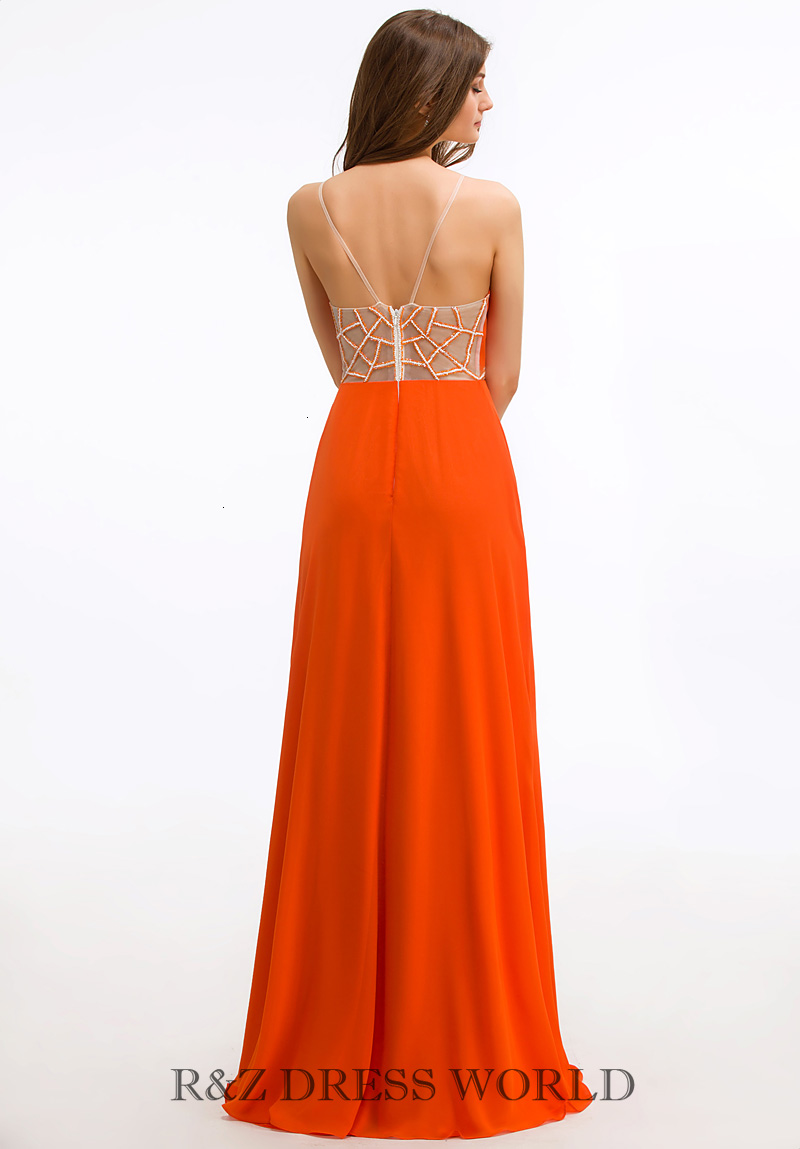 (image for) Orange chiffon dress with open V neck front