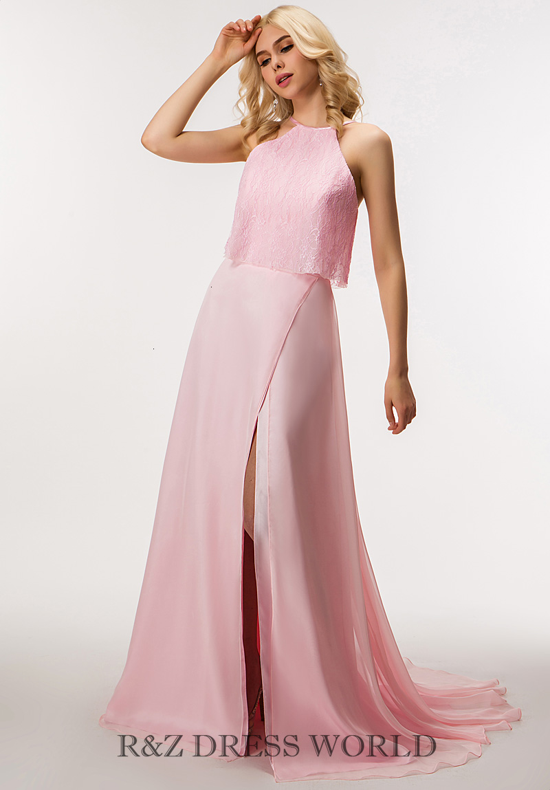 Pink two piece prom dress with lace top