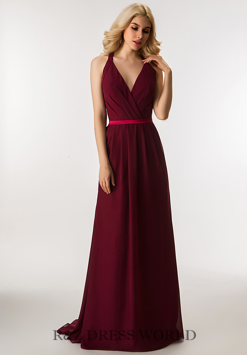 Red wine colour chiffon prom dress