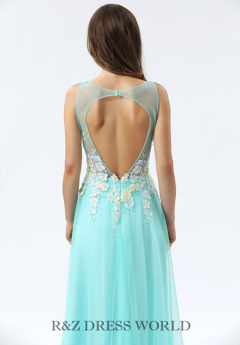(image for) Turquoise chiffon dress with illusion neckline