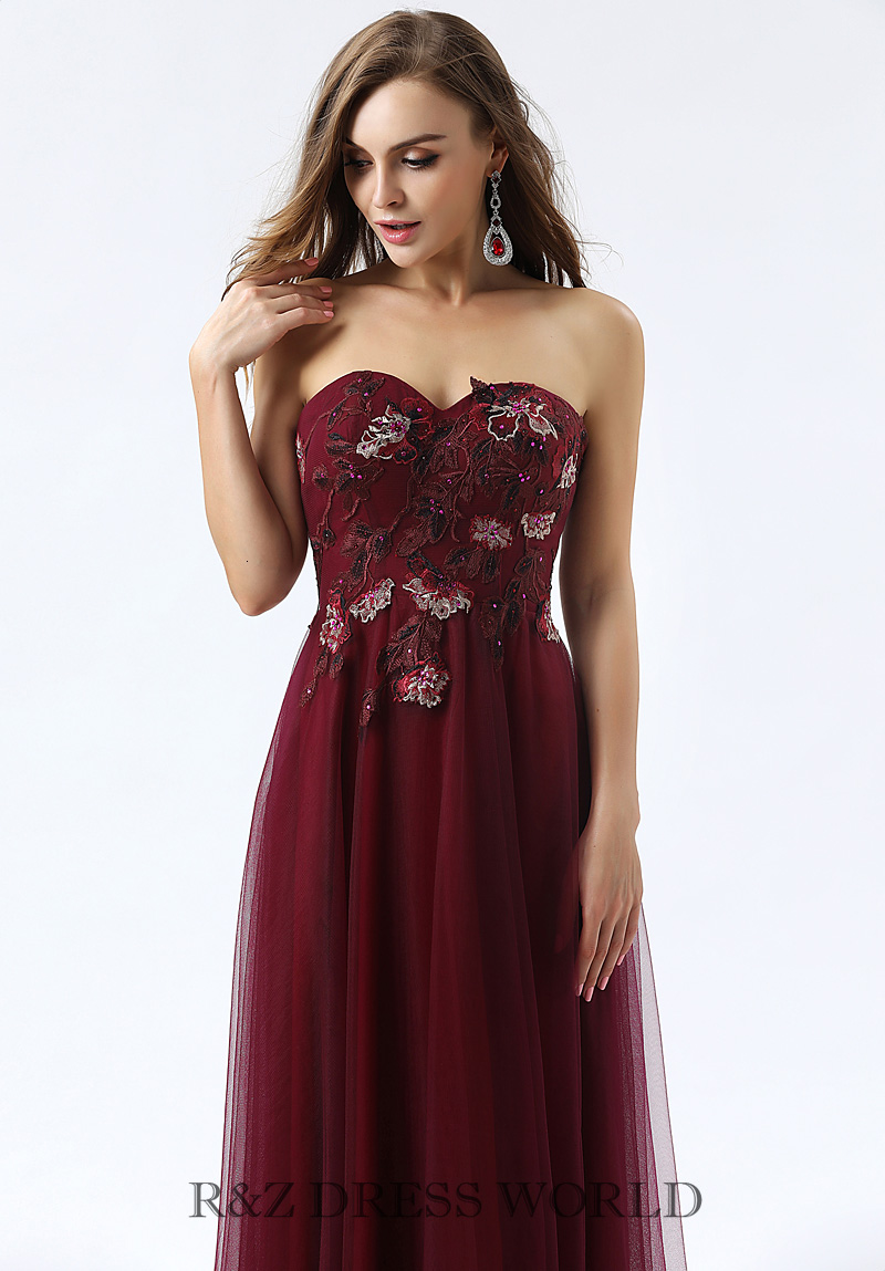 Burgundy embroidery lace A line dress