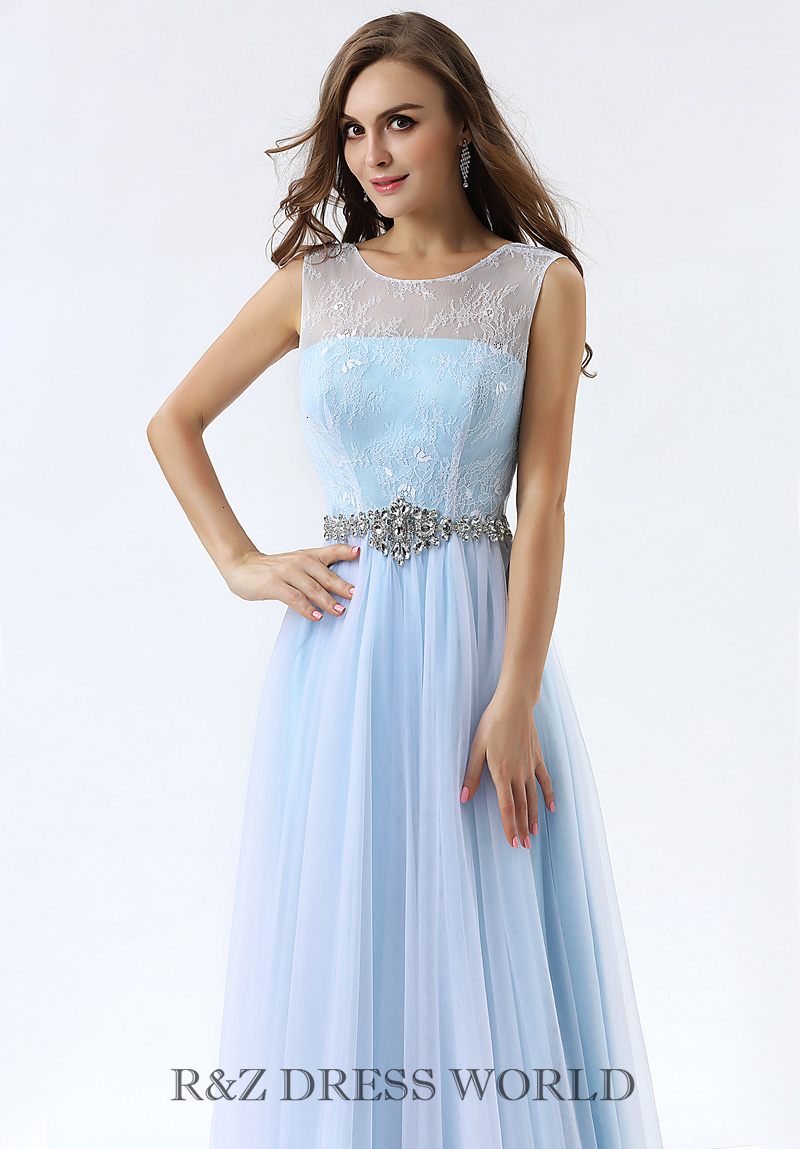 Baby blue prom dress with soft lace top