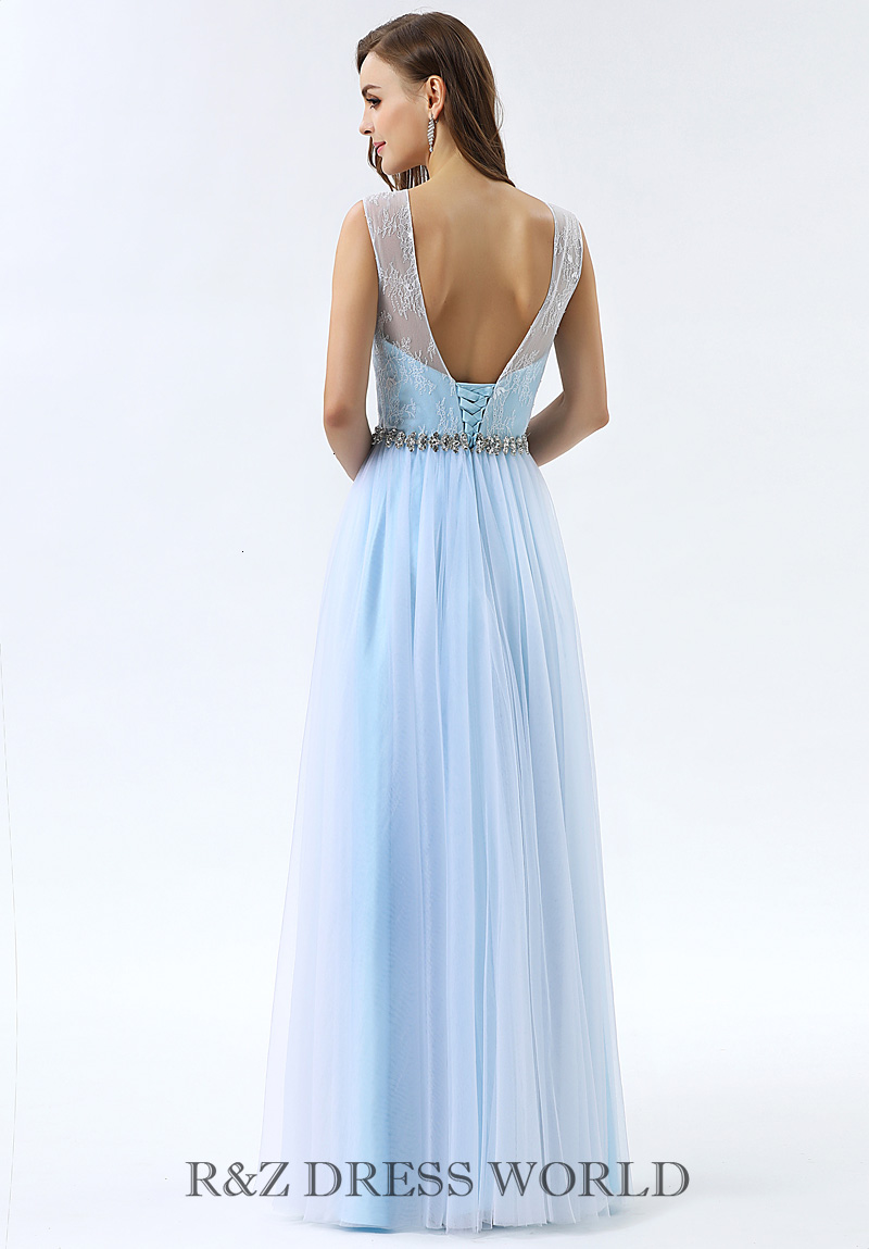 Baby blue prom dress with soft lace top - Click Image to Close