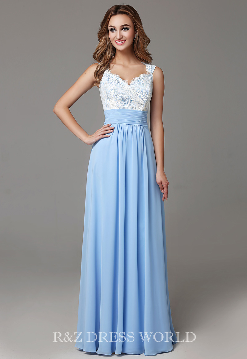 Ivory lace top with sky blue chiffon skirt