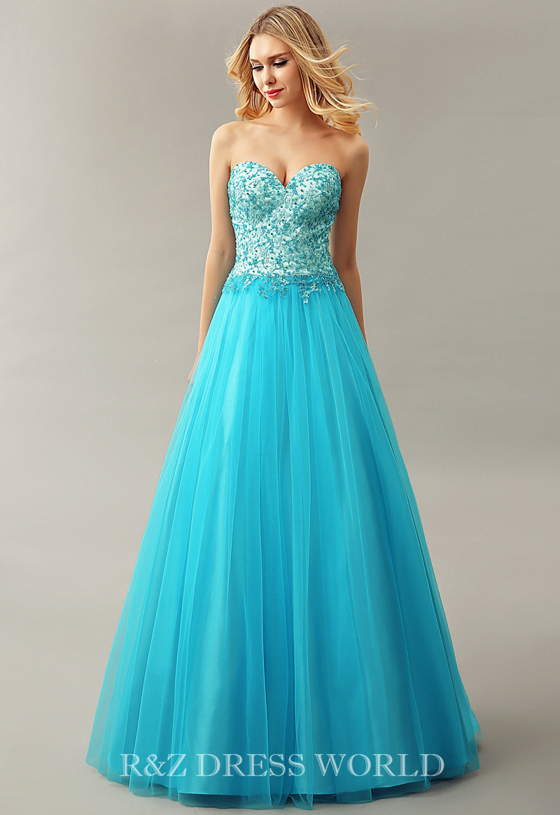 Turquoise ball gown with sweet-heart neckline