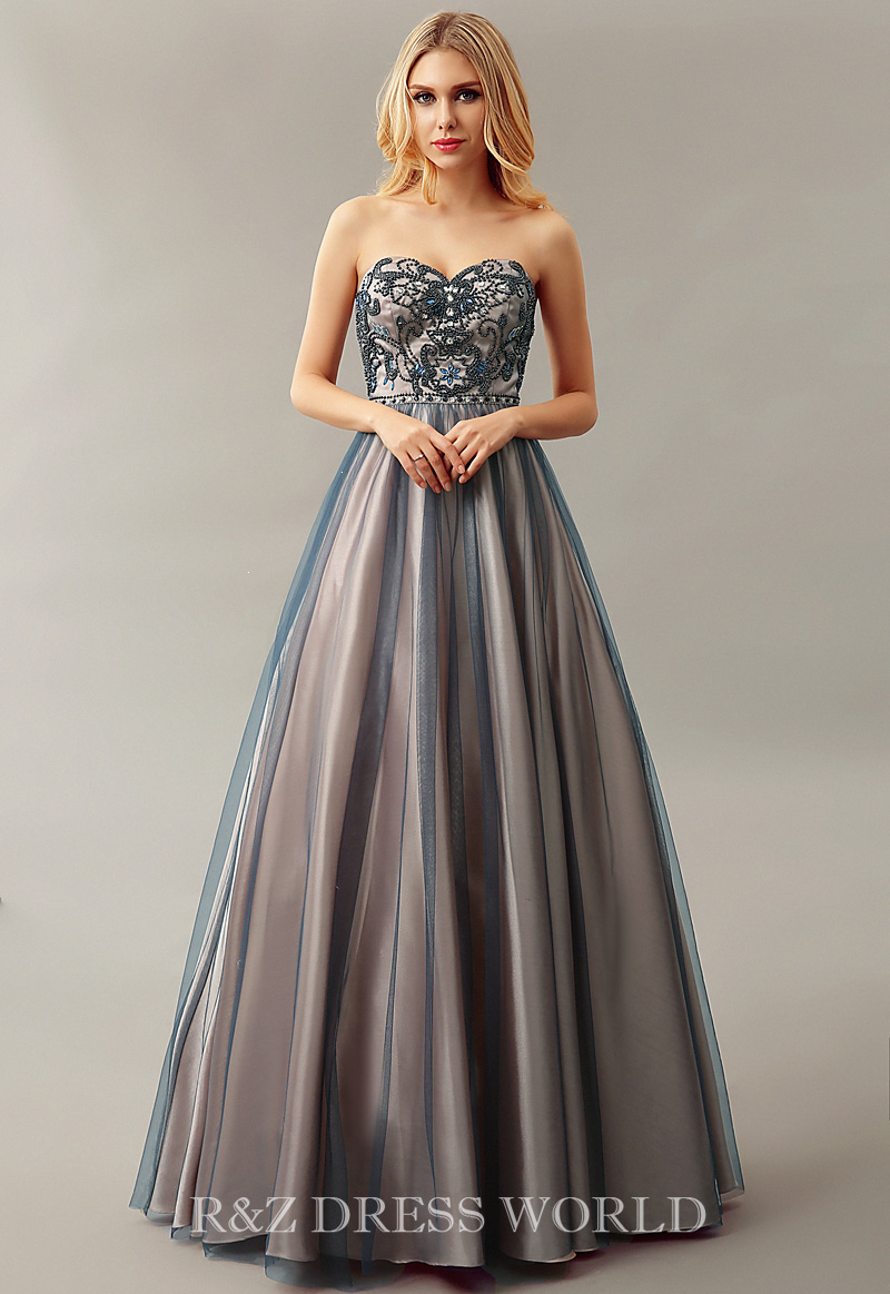 Dark blue and champagne dress with A line skirt