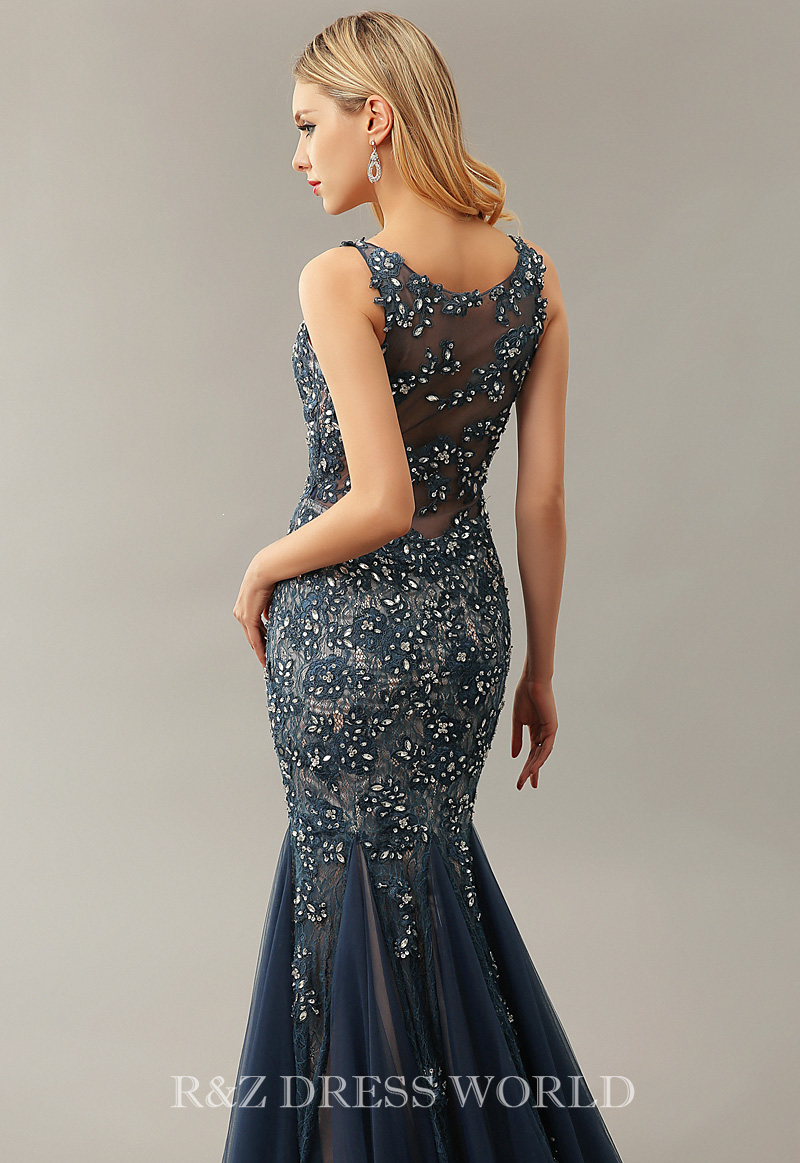(image for) Navy lace mermaid dress with full beading
