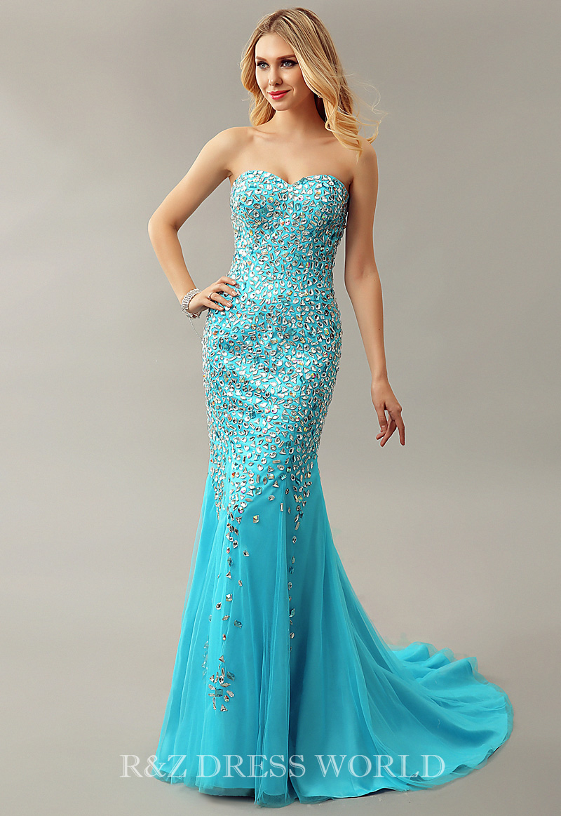 Turquoise full beading prom dress