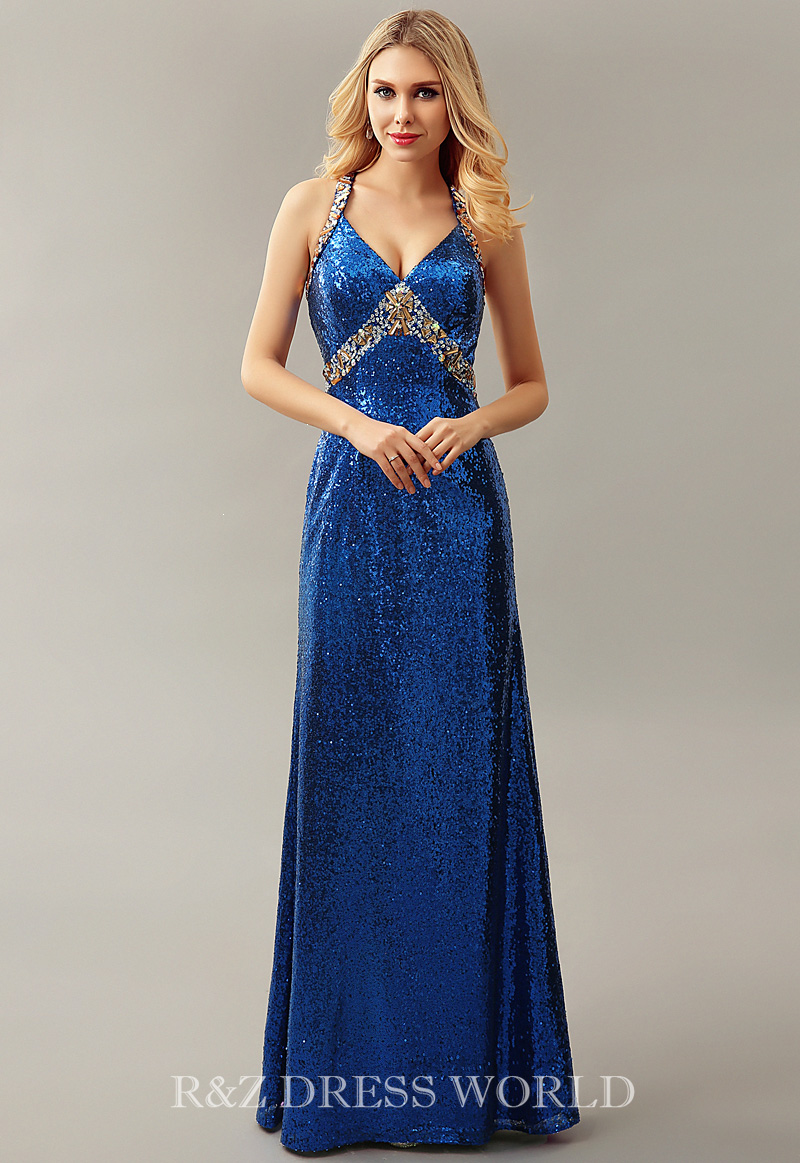 Blue sequins halternect prom dress